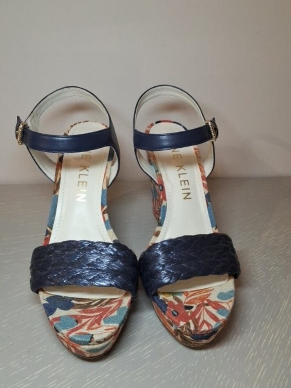Anne Klein Navy Wedge Sandal Size 9 Floral Canvas Braided Ankle Strap Worn Once - Picture 3 of 5